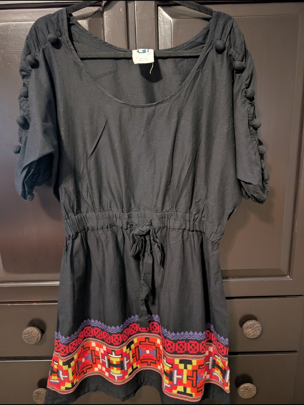 Anthropologie Black Drawstring Tunic with Colorful Embroidered Hem